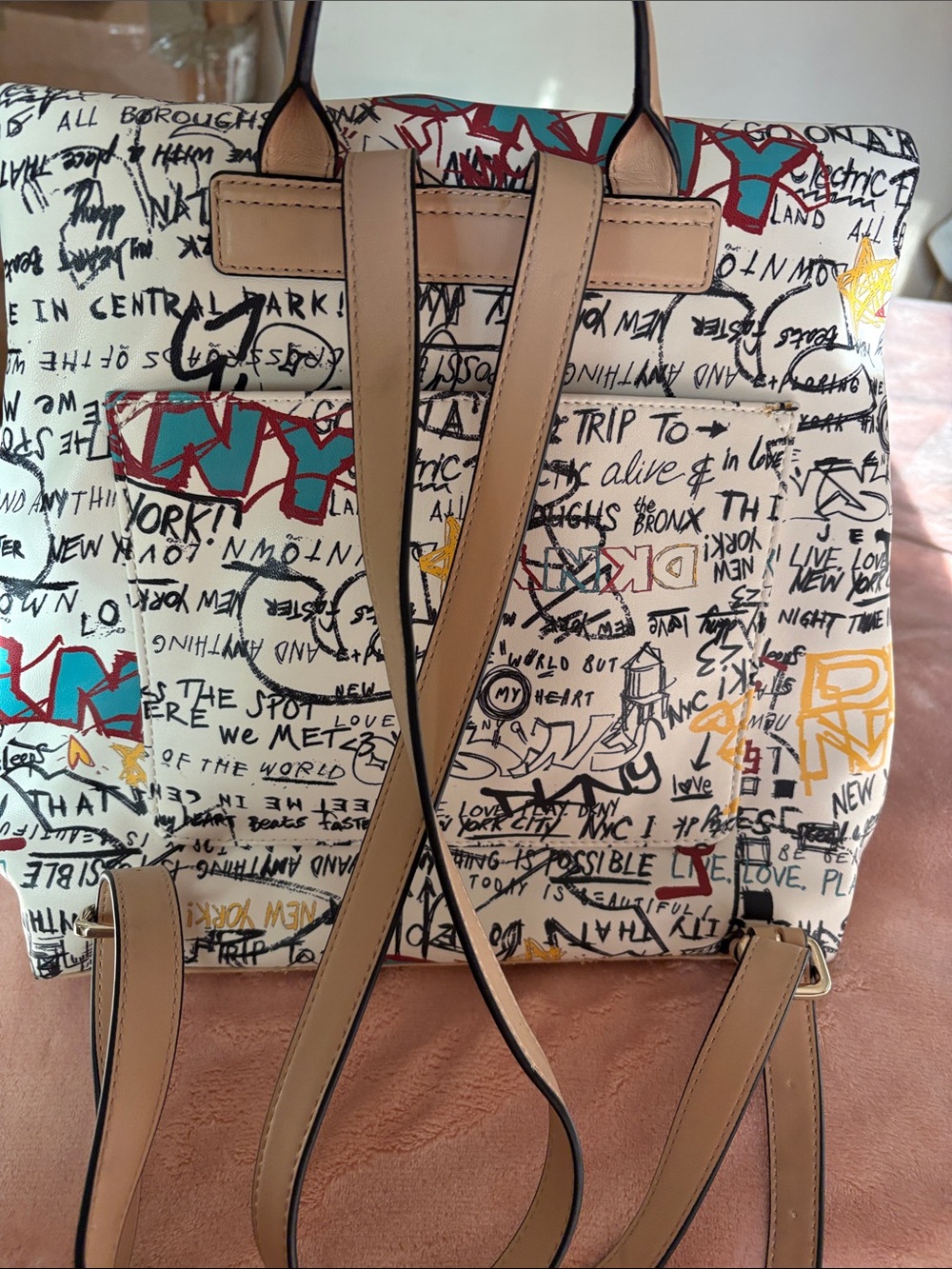 DKNY White Graffiti Canvas Backpack with Tan Straps